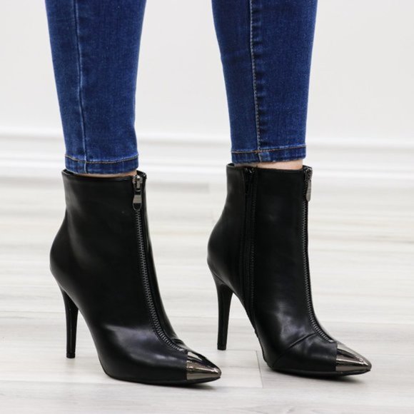Pointy Toe Ankle Black Boots Faux Leather - Picture 2 of 14